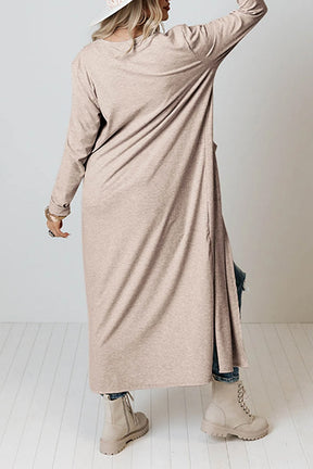 Apricot Open Front Pocketed Duster Long Cardigan with Slits