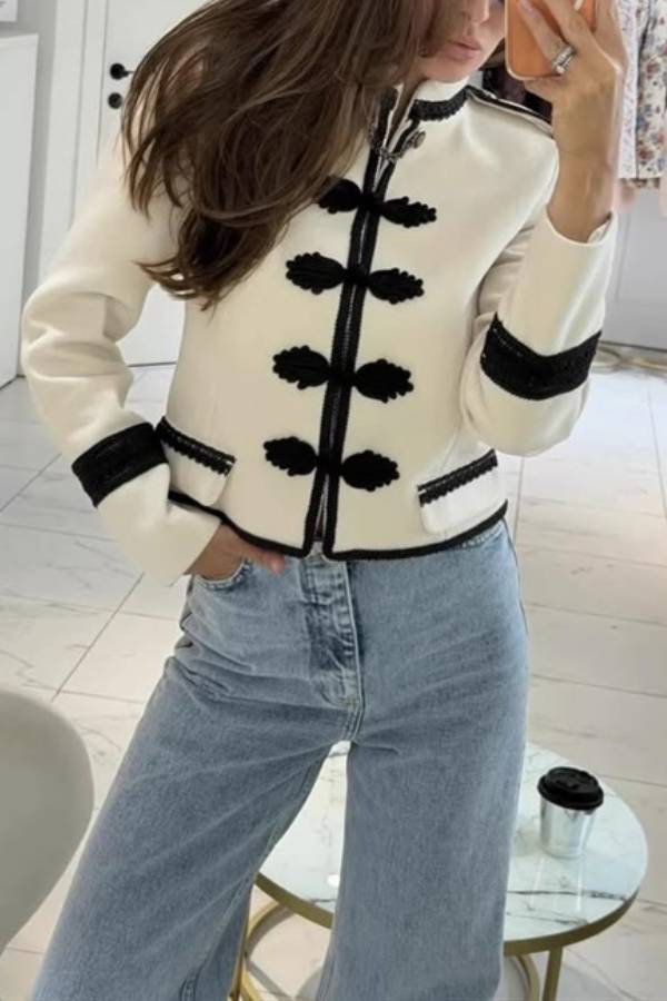 Vintage Military-Style Mandarin Collar Cropped Jacket with Frog Buttons