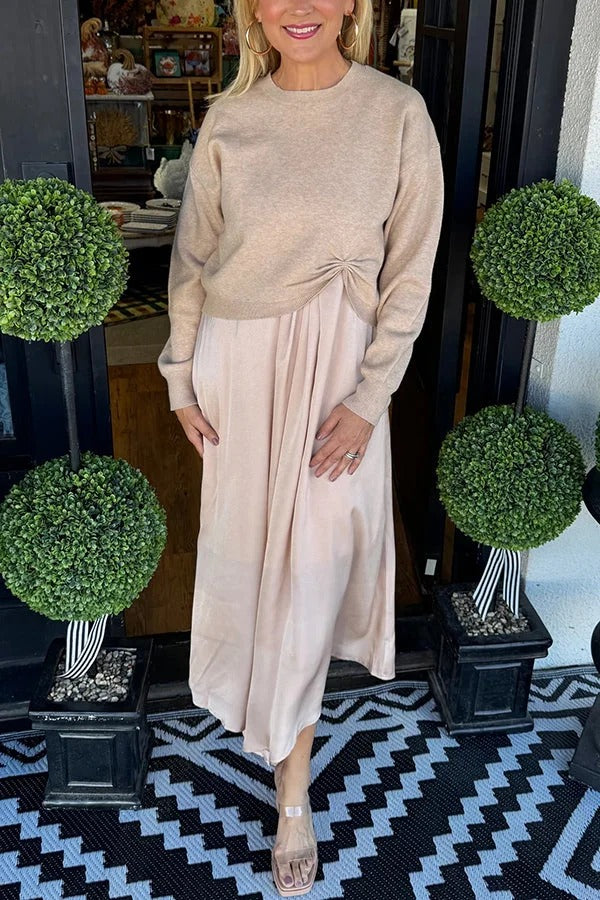 Practical Fashion Knit Ruched Sweater and Satin Stretch Tank Midi Dress Two-piece Set