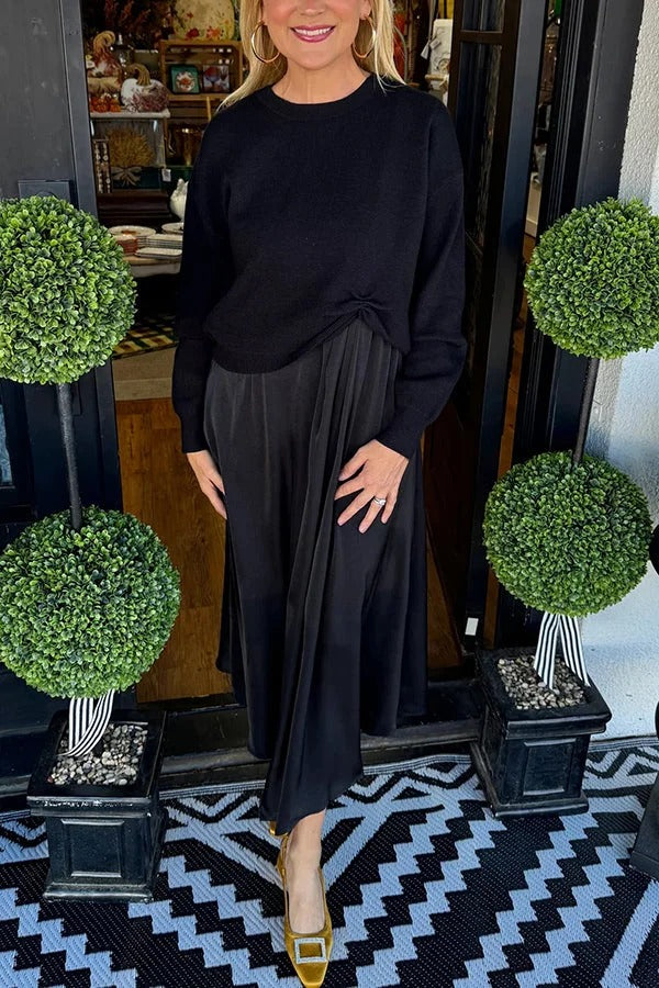 Practical Fashion Knit Ruched Sweater and Satin Stretch Tank Midi Dress Two-piece Set
