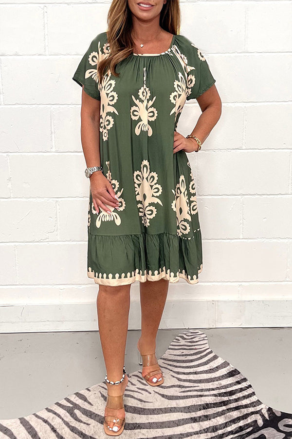 Vintage Print Round Neck Dress