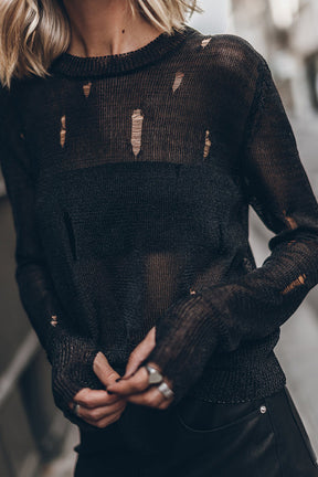 THE BLACK METALLIC DISTRESSED KNITTED SWEATER