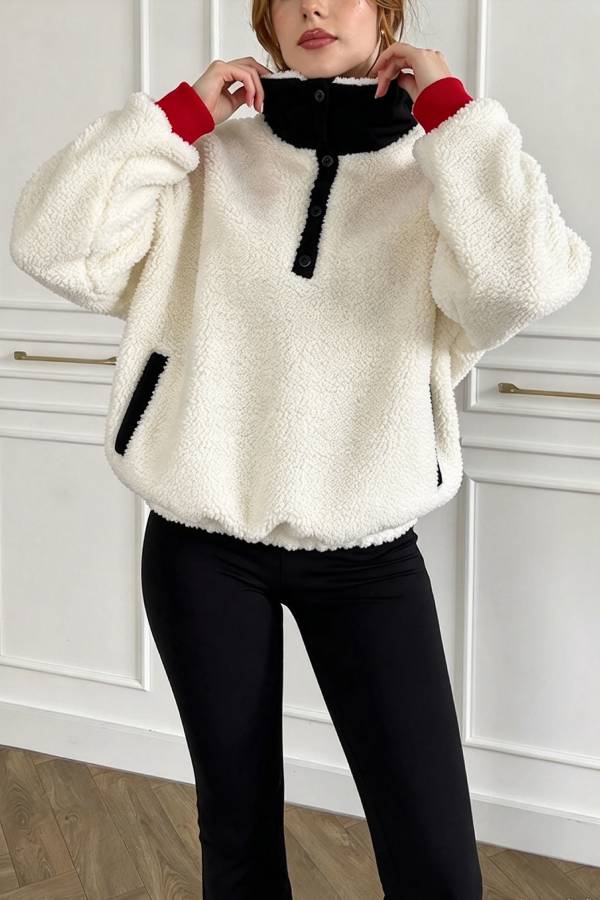 Plaid Teddy Bear Print Colorblock High-Pile Fleece Zipper High Neck Long Sleeve Pocket Sweatshirts