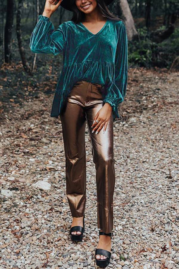 Sea Green Velvet V Neck Puff Sleeve Peplum Blouse