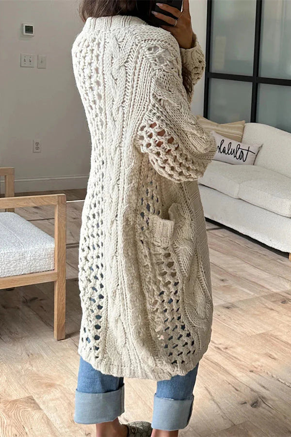 Knit Cable Cotout Long Sleeve Pocket Oversized Midi Cardigan
