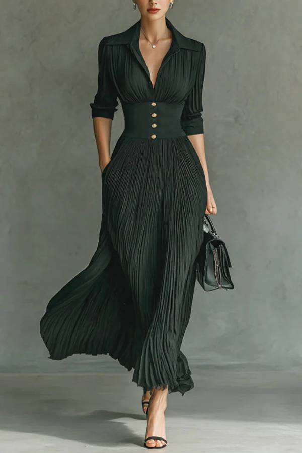 Elegant Pleated Lapel Waisted Long-sleeved Maxi Dress