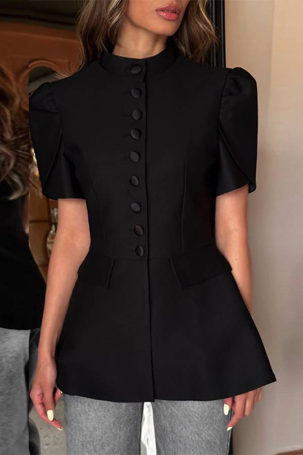 Stand Collar Puff Sleeve Peplum Top
