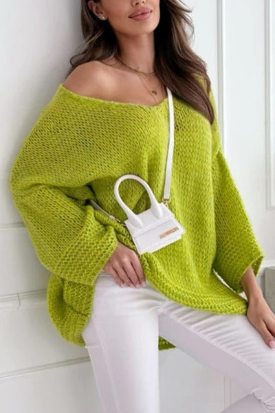 Solid Color Loose V-neck Casual Knitted Sweater
