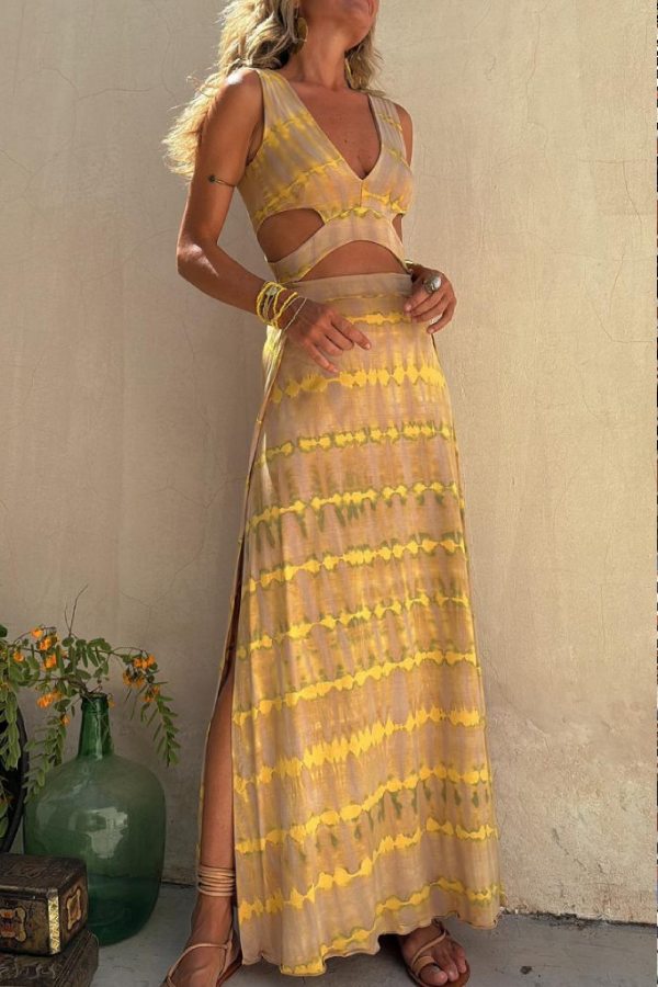 Yellow Ripple V-neck Slit Navel-exposed Long Suspender Dress
