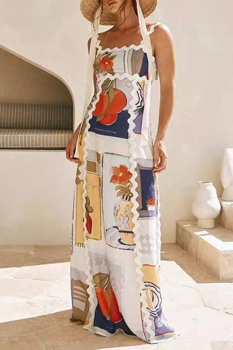 Casual Vintage Geometric Print Ripple Patchwork Printed Dresses