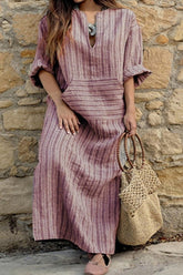 Cotton and linen yarn-dyed striped loose long dress