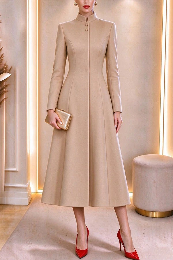 French Style Stand Collar Single Button Placket A-line Trench Coat Midi Dress