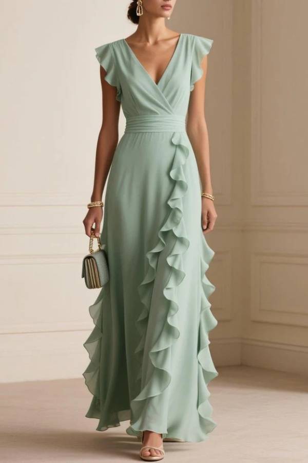 V-Neck Flutter Sleeve Wrap Side Ruffle Chiffon Maxi Bridesmaid Dress