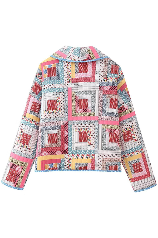 Loose Cardigan Quilted Colorblock Plaid Cotton Jacket