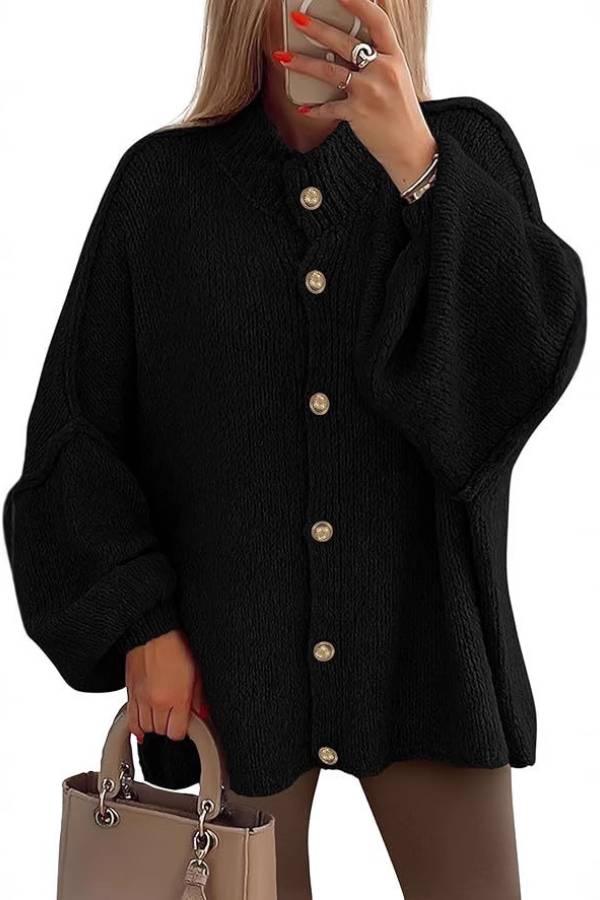 Oversized Lantern‑Sleeve Gold Button Knit Cardigan