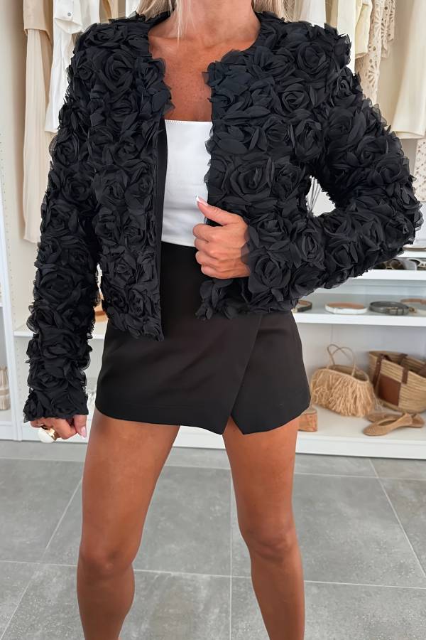 3D Floral Rose Cropped Open Front Jacket
