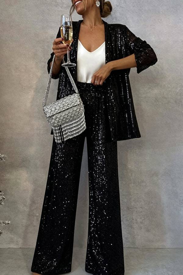 Party Scene Sequin High Rise Elastic Waist Wide Leg Pants