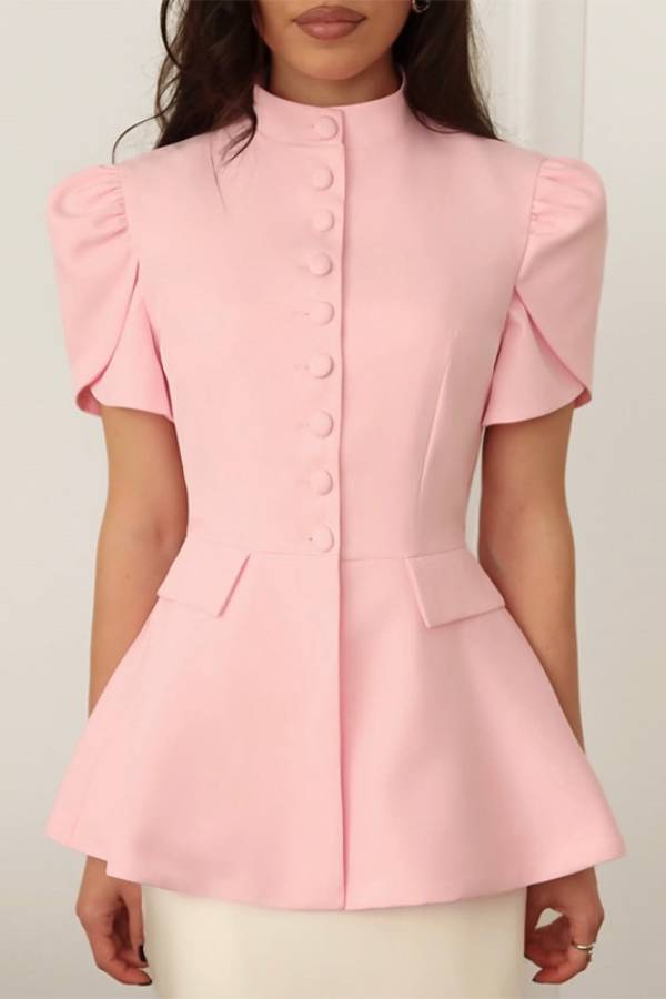 Stand Collar Puff Sleeve Peplum Top