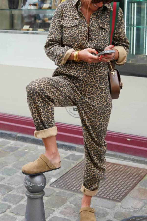 Leopard print jumpsuit with lapel