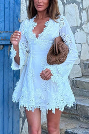 Diaz Embroidery Hollow Fabric Delicate Flower Trim Long Sleeve Side Lace-up Mini Dress