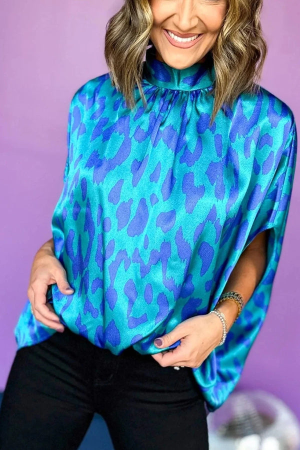 Blue Leopard Print Loose Batwing Sleeve Mock Neck Blouse