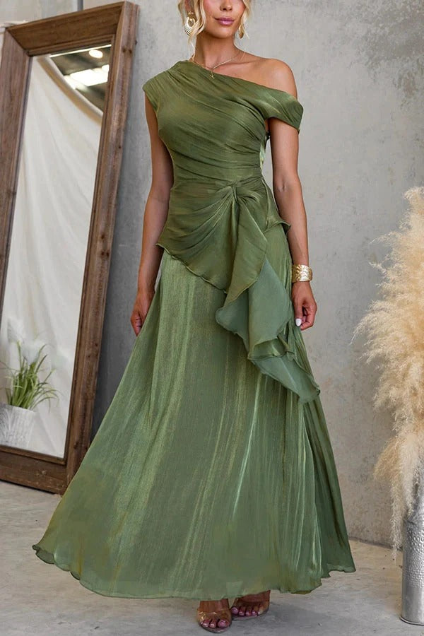 Yara Metallic One Shoulder Ruched Ruffle Hem Top and High Rise Flare Maxi Skirt Set