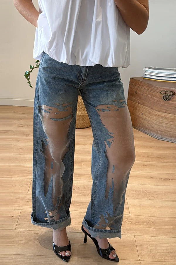 Paula Denim Mid Rise Front Sheer Tulle Patchwork Straight Leg Loose Jeans