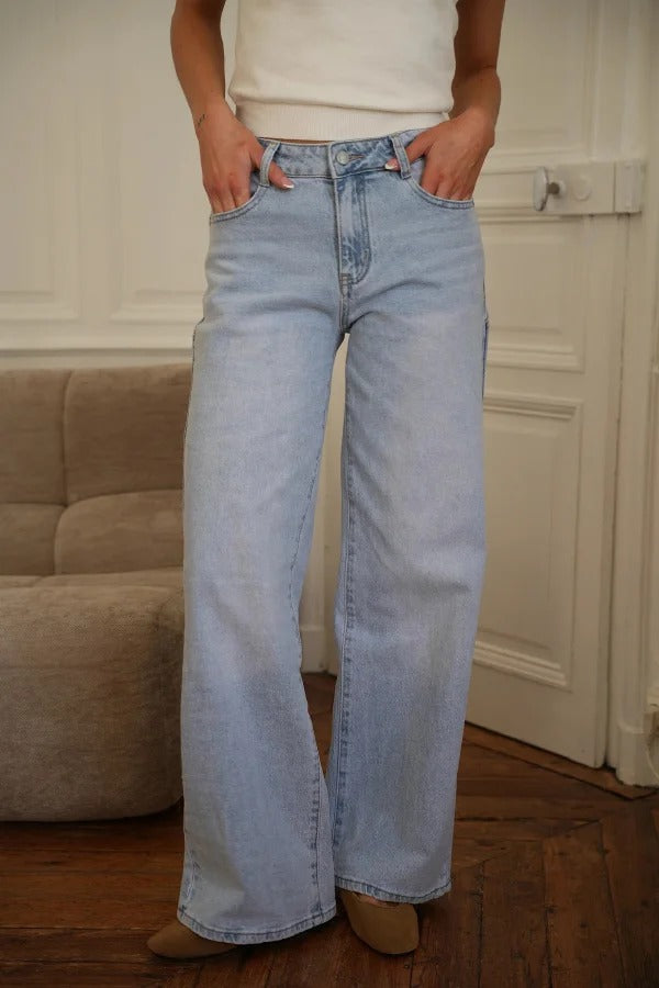 Stylish Denim Colorblock Star Patterned Mid Waist Pocket Wide Leg Jeans
