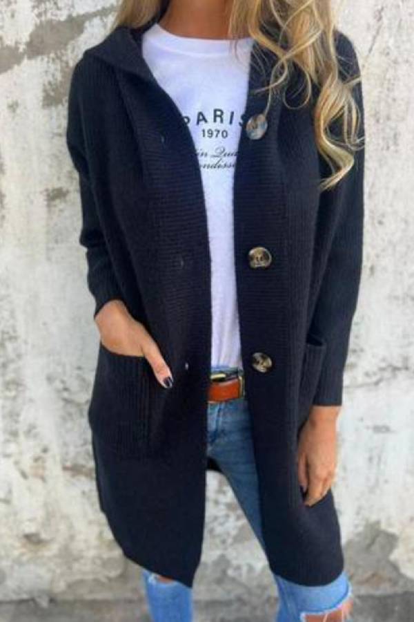 Women's Hooded Single Breasted Mid-Length Knit Cardigan