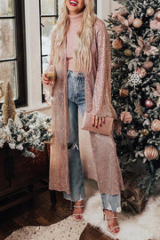 Rose Tan Open Front Long Sequin Bell Sleeves Cardigan