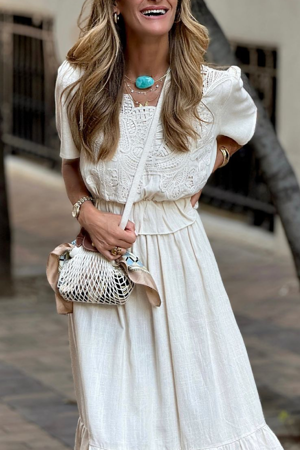 White Waisted Mid-length Sleeve Top and Loose Long Skirt Two-piece Set