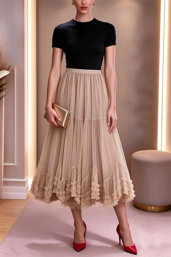 Sweet Style Mesh Elastic Waistband Lettuce-edge Detail Puffy Midi Skirt