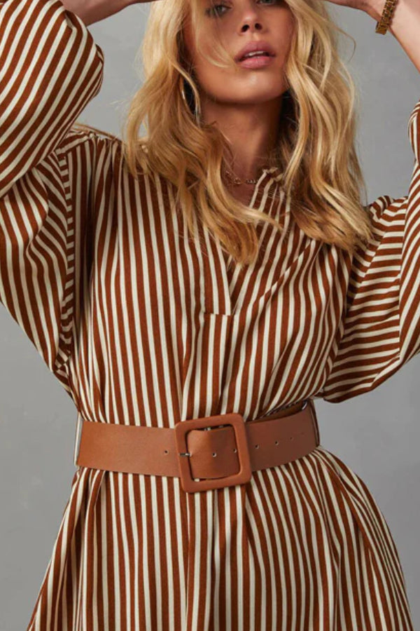 ETHEREAL SWEETIE STRIPED BELTED MIDI DRESS