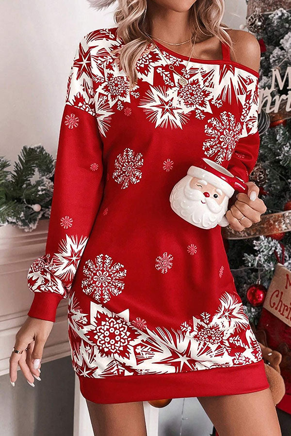 Christmas Snowflake Cold Shoulder Loose Sweatshirt Mini Dress