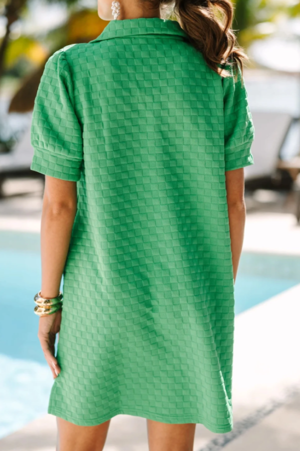 Bright Green Textured Checkered Puff Sleeve Pocket Shirt Dress