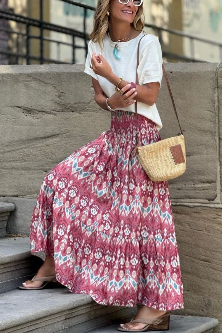 Resort Style Unique Print Pleated Elastic Waist Maxi Skirt