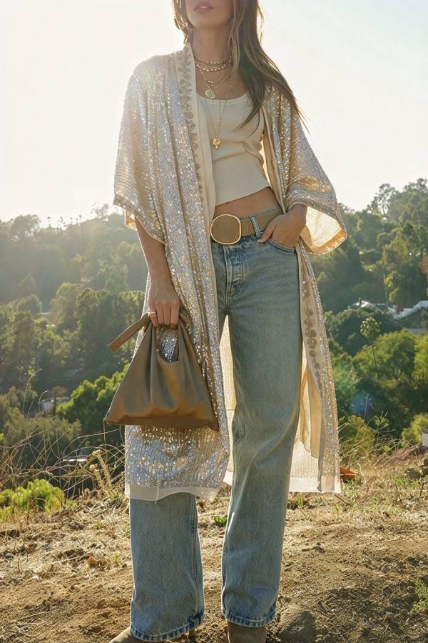 Janey Sequin Embroidered Flowers Trim Half Bell Sleeve Loose Kimono Jacket