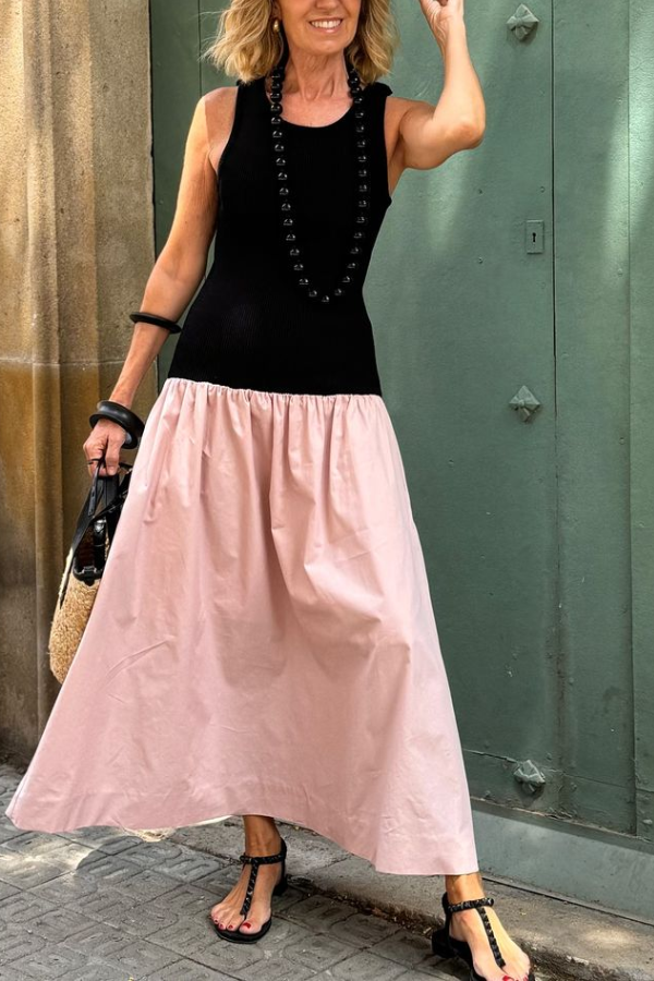 Black Sleeveless Knitted Top with Pink Loose Hem Long Dress