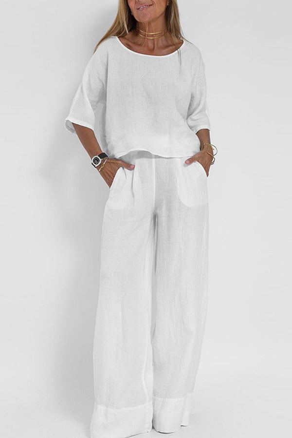 Linen Blend Solid Color Casual Round Neck Top and Loose Wide-leg Pants Set
