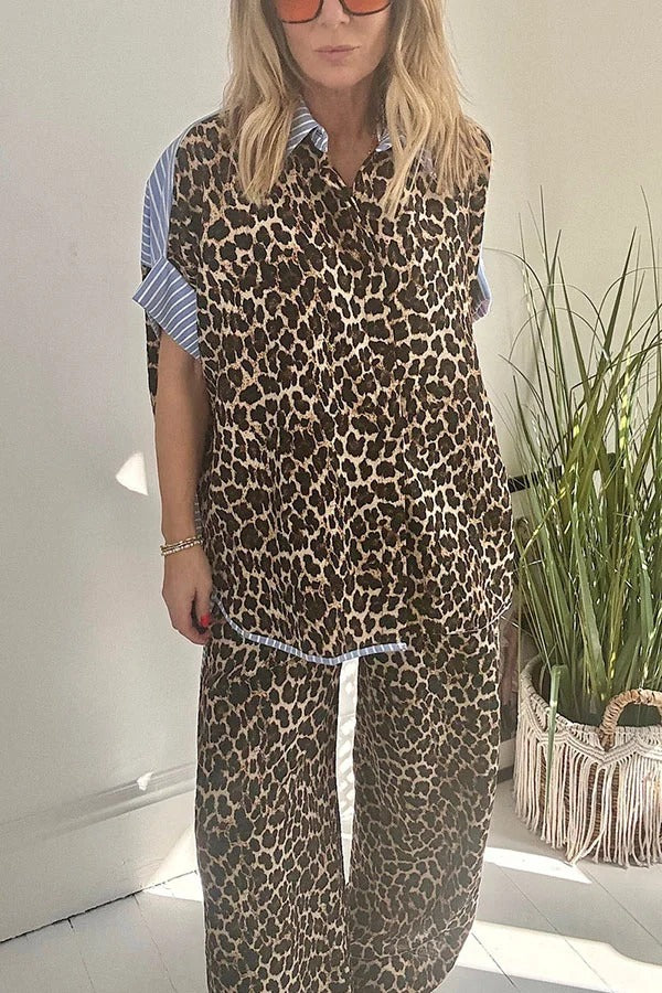 Comfortable Leopard Stripes Colorblock Print Oversized Shirt and Elastic Waist Pocket Loose Pants Set
