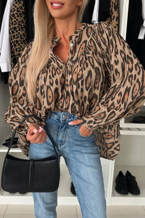 Light Beige Leopard Print Balloon Sleeve Loose Blouse
