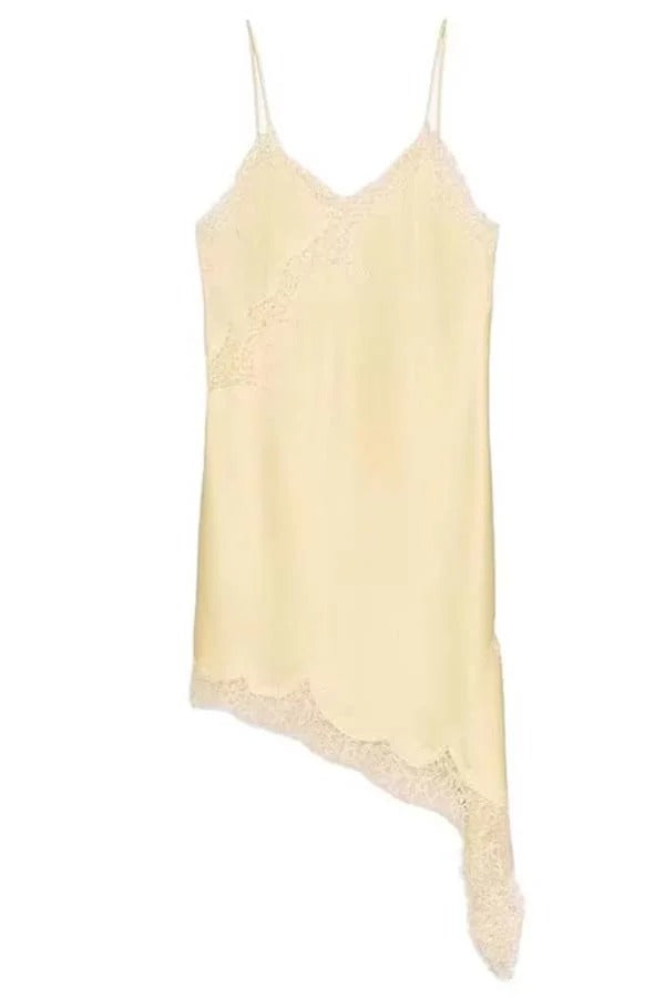 Elouise Satin Lace Trim V-neck Asymmetrical Hem Slip Mini Dress