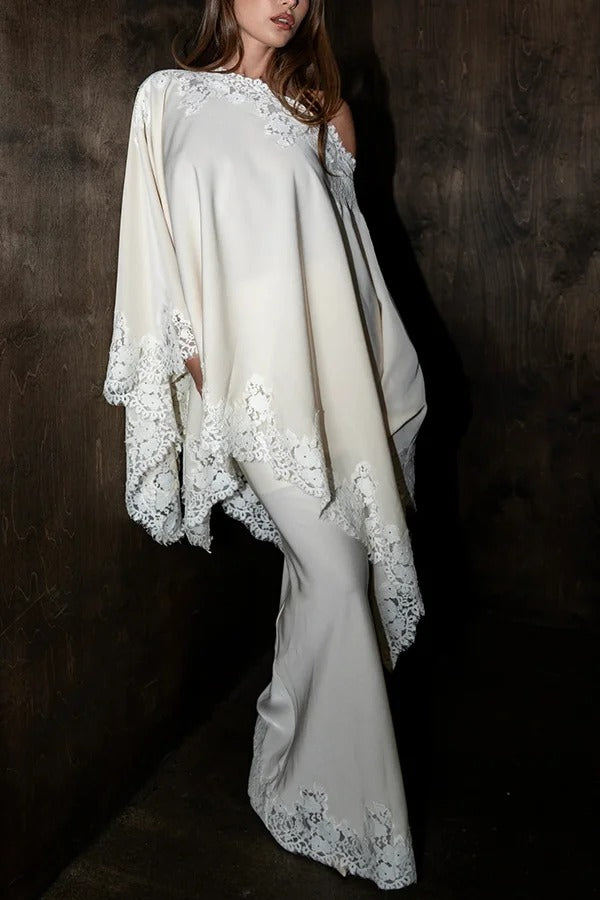 Like A Swan Lace Trim Off Shoulder Cape Top and Elastic Waist Draped Maxi Skirt Set