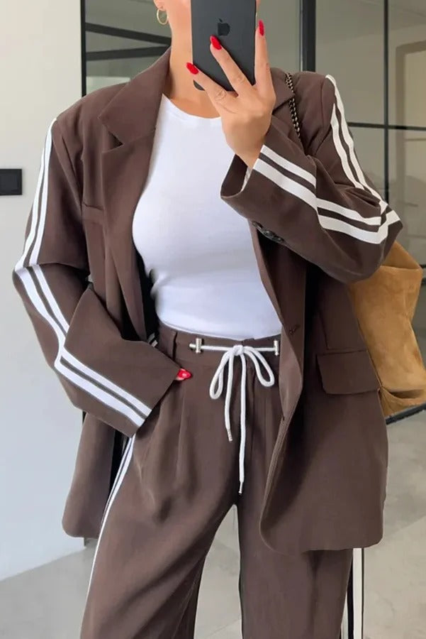 Levvie Striped Trim Long Sleeve Lapel Blazer and Rope Belt Pocketed Wide Leg Pants Set