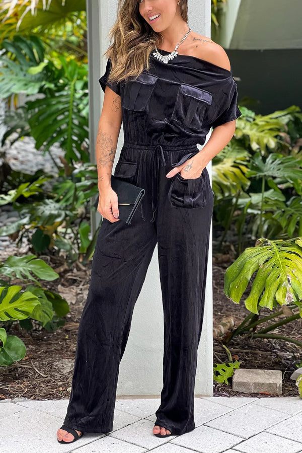 BLACK OFF SHOULDER VELVET JUMPSUIT