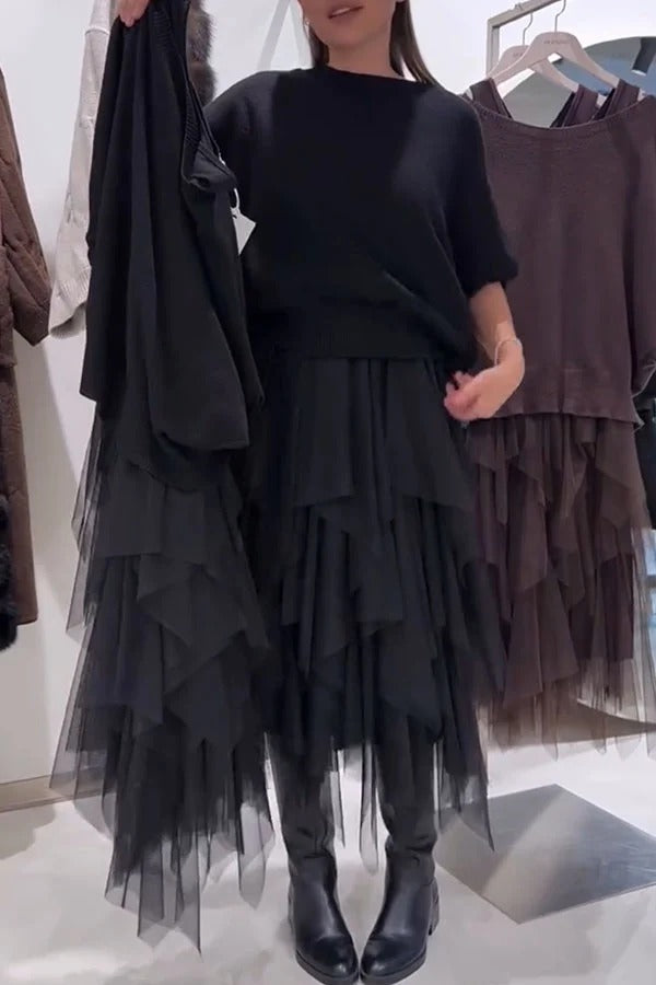 Erini Knit Batwing Sleeve Sweate and Layered Ruffle Mesh Tank Midi Dress Two Pieces Set