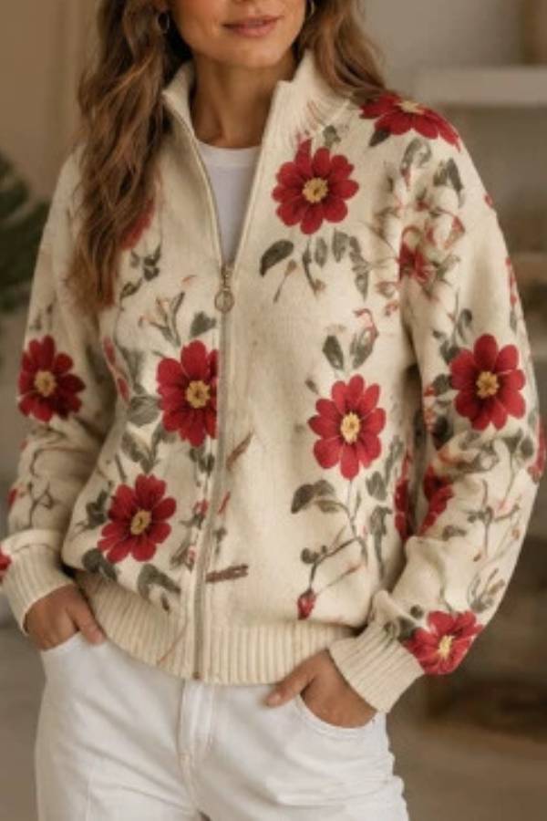 Vintage Floral Print Zip‑Up Collared Knit Cardigan