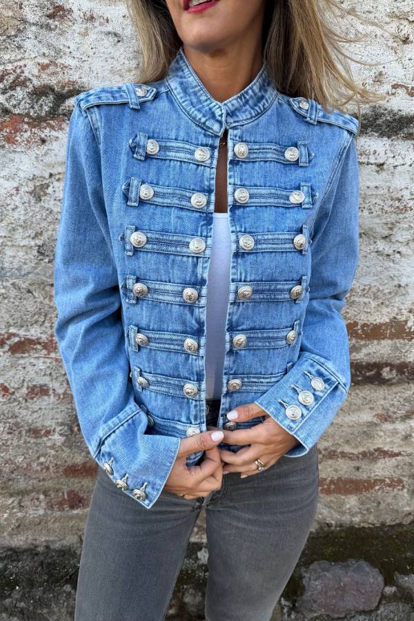 Vintage Military Stand Collar Double Breasted Cropped Denim Jacket