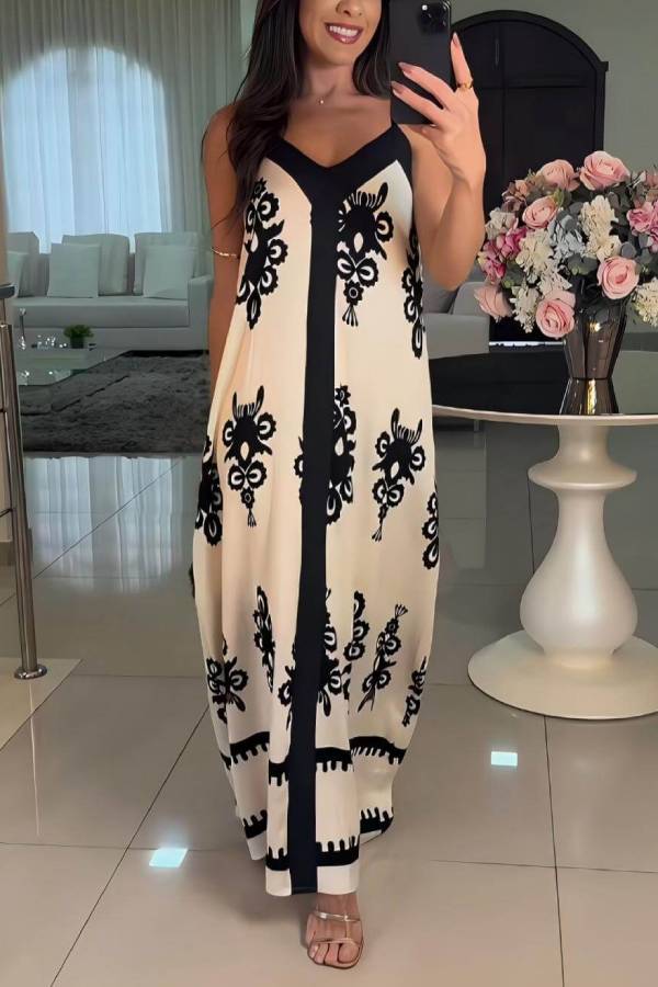 Elegant Ethnic Pattern Print Patchwork Loose Maxi Dress