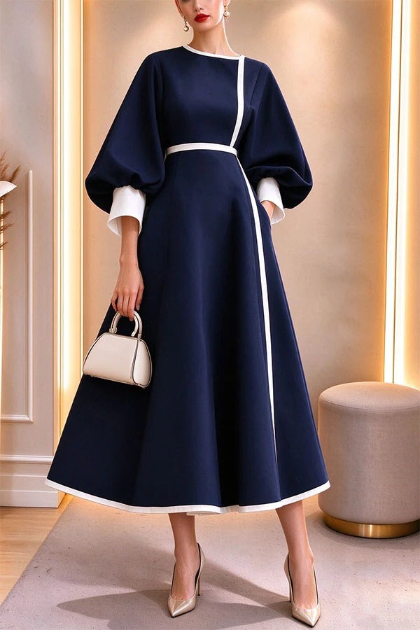 Elegant Color-block Lantern Sleeve Cinched Waist Pocketed Mid Dress